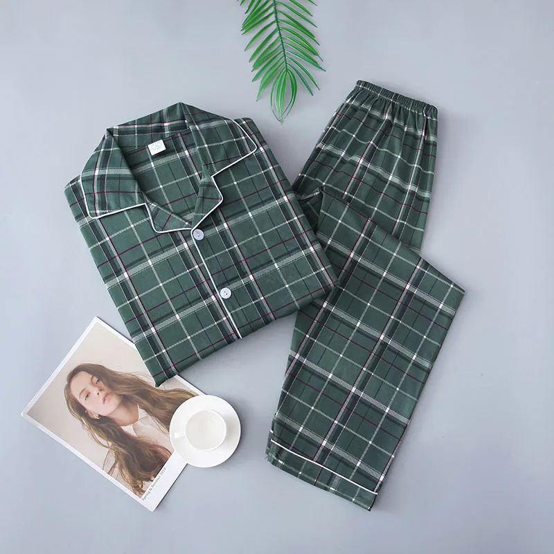 Cotton Pajamas Men's Set Shirts and Long Pants Loose Button Turn Down Collar Spring Summer Home Casual Plaid Female elegant green blouse women long sleeve turn down collar button loose shirt office lady oversize top casual spring summer clothes