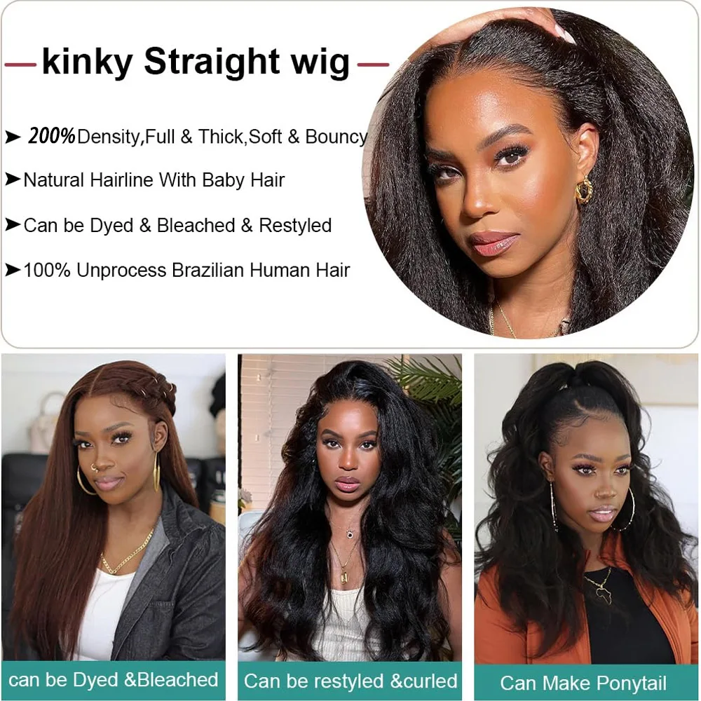 Kinky Straight Wig Human Hair 24 inch Kinky Straight 13x4 Lace Front Wig Pre Plucked HairLine with Baby Hair 250% Density