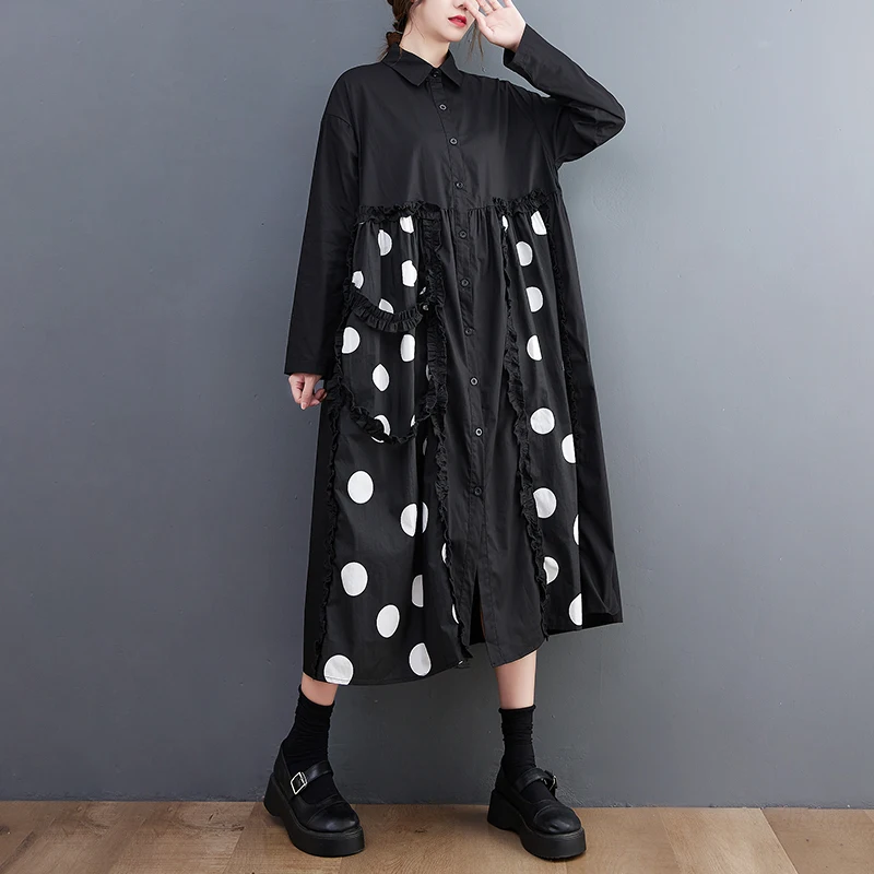 

2023 New Arrival Print Dots Patchwork Edible Tree Fungus Japanese Style Autumn Blouse Dress Fashion Women Spring Casual Dress