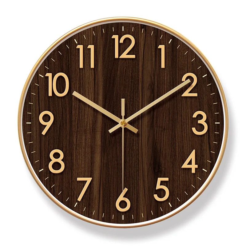 2023 New Nordic Simple Wooden Texture Wall Clocks Fashionable Art Living Room Wall Clocks Silent Sweep Second Quartz Wall Clock Gold Frame B  