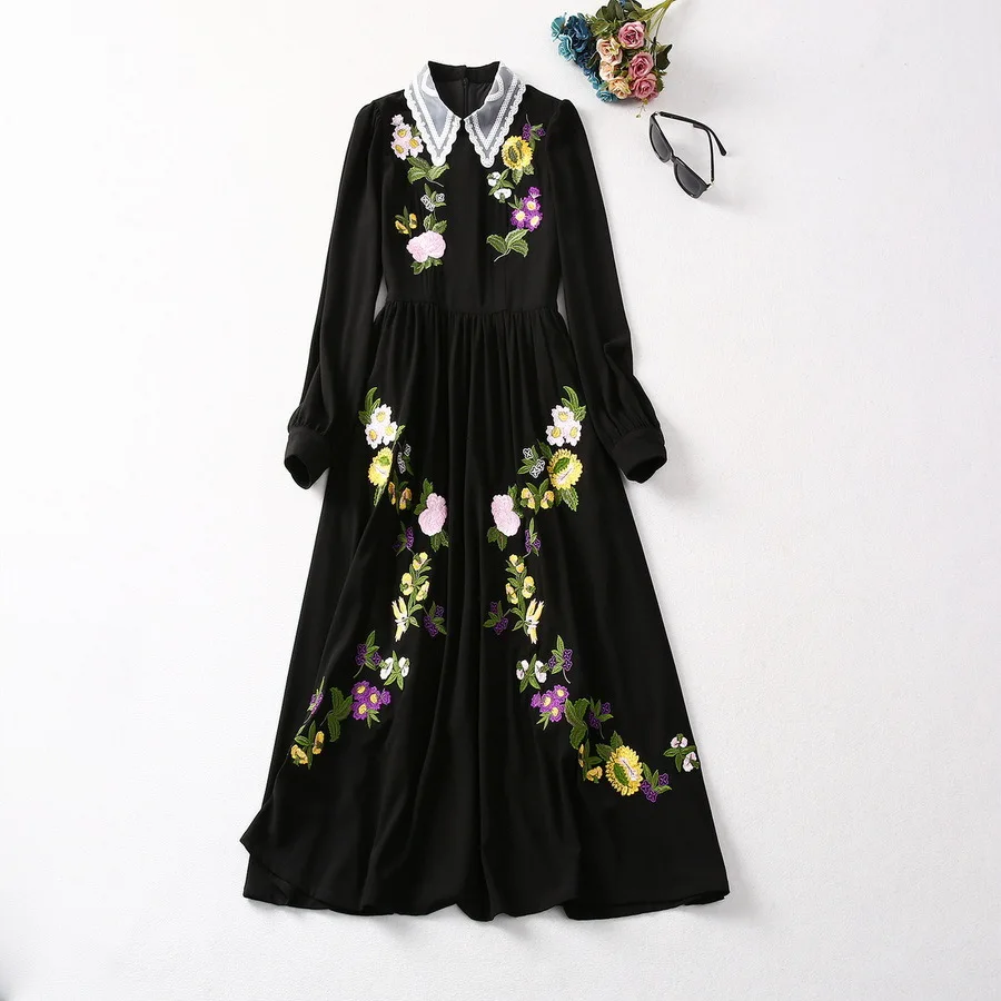 

Europe and the United States women's 2024 winter new lapel Long sleeve flower embroidery fashion Black pleated dress XXL