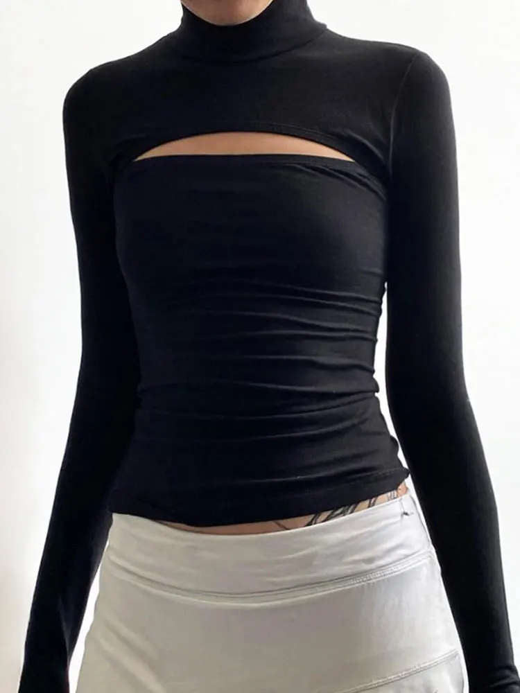 

Женская ажурная футболка с высоким воротником, облегающая футболка в рубчик с длинным рукавом, базовая футболка, Женская Осенняя уличная одежда 2023, женские топы
