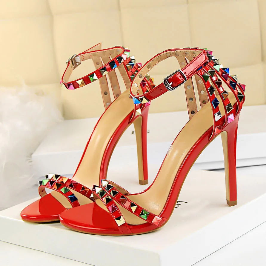 Frauen Glänzend Silber 11 cm High Heels Sandalen Dame Sexy Bunte Nieten Stiletto Pumps Dame Trendy Party Nachtclub Scarpins – Detail 5