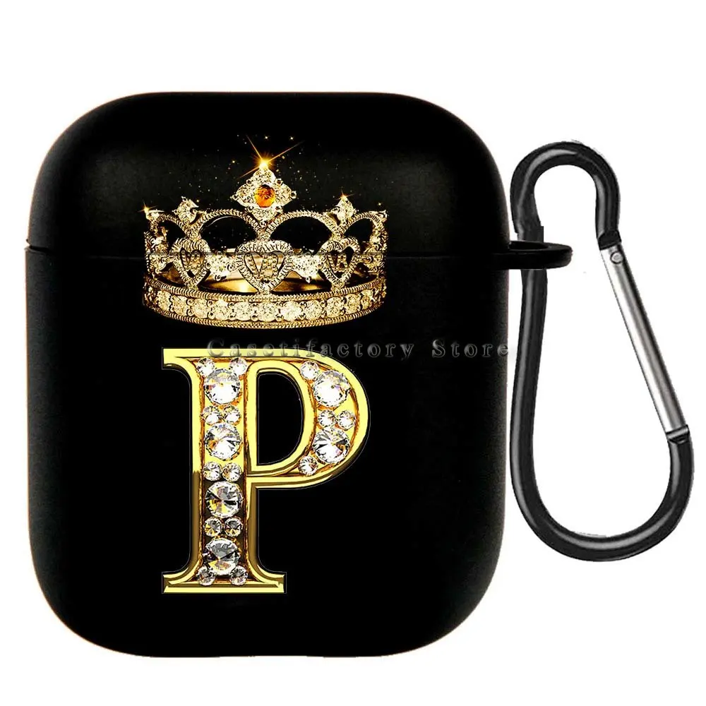 Elegant Diamond Crown Initial AirPods Case - Black Wireless Bluetooth Earphone Cover