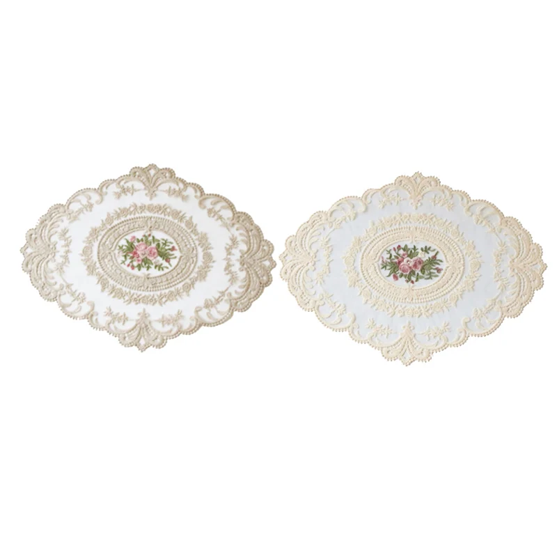 Ljleuropean Oval Embroidered Lace Fabric Transparent Placemat Coaster