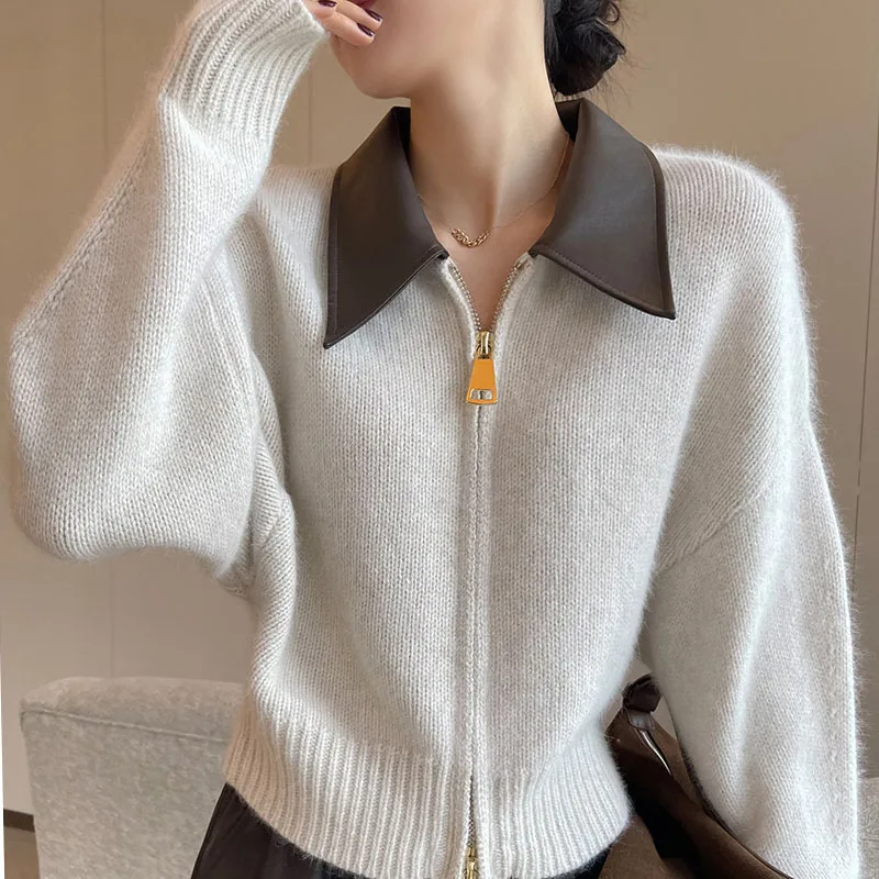 Chic PU Leather Polo Collar Sweater