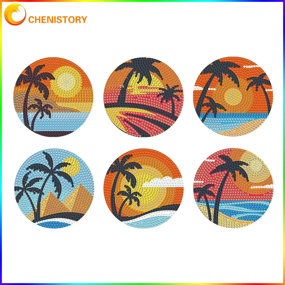 

CHENISTORY 6Pcs DIY Diamond Painting Coaster Kit Summer Landscape Diamond Mosaic Art Drink Cup Pad Table Placemat Home Decor
