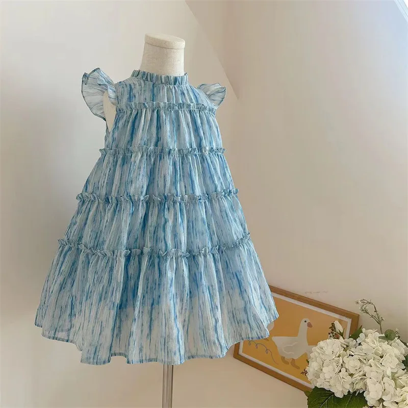 

2024 Summer New Korean Lovely Girls Spliced Ruffles Crew Neck Bow Fashion Loose Sweet Flying Sleeve Comfortable Ball Gown Dress