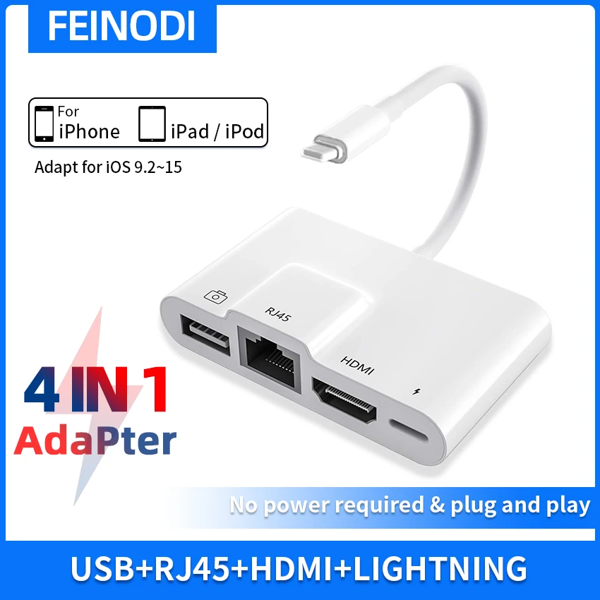 

Lightning to RJ45 Ethernet OTG Digital AV Adapter HDMI LAN Wired Network USB Hub 1080P Sync Screen Converter for iPad/iPhone 14