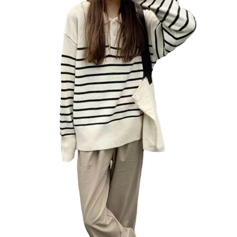 

Vintage Women Streetwear Striped Sweater Women Harajuku Retro Oversized Jumper Loose Casual Collar Pullover Top Women Shirt Coat
