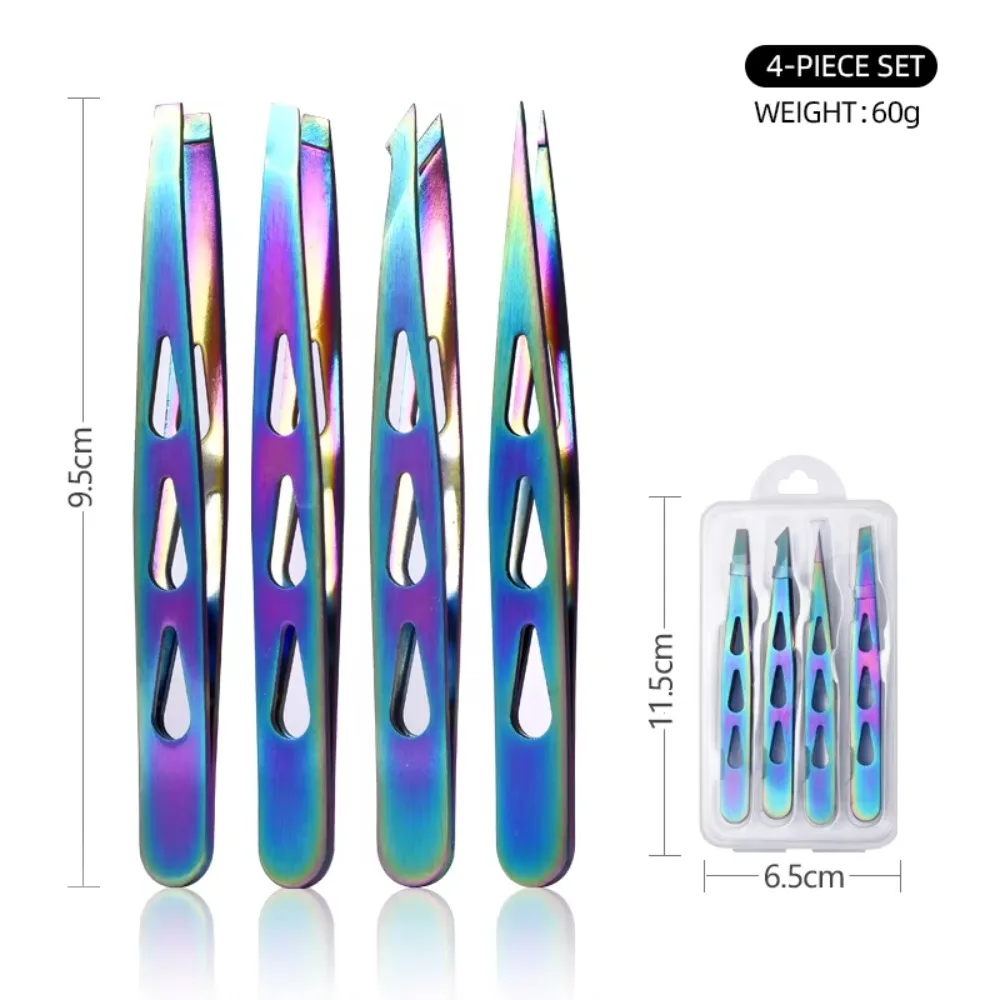 4PCS/Set Stainless Steel Eyebrow Tweezers Oblique Mouth Pointed Tip Eyelash Tweezers Multifunctional Portable