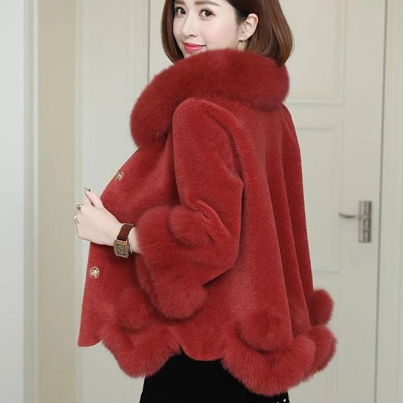Women'S Cropped Fake Fur Coat Winter Fashion Thick Faux Fox Fur Collar Oversized Outwear Plus Size Sheep Shearing Warm Overcoat