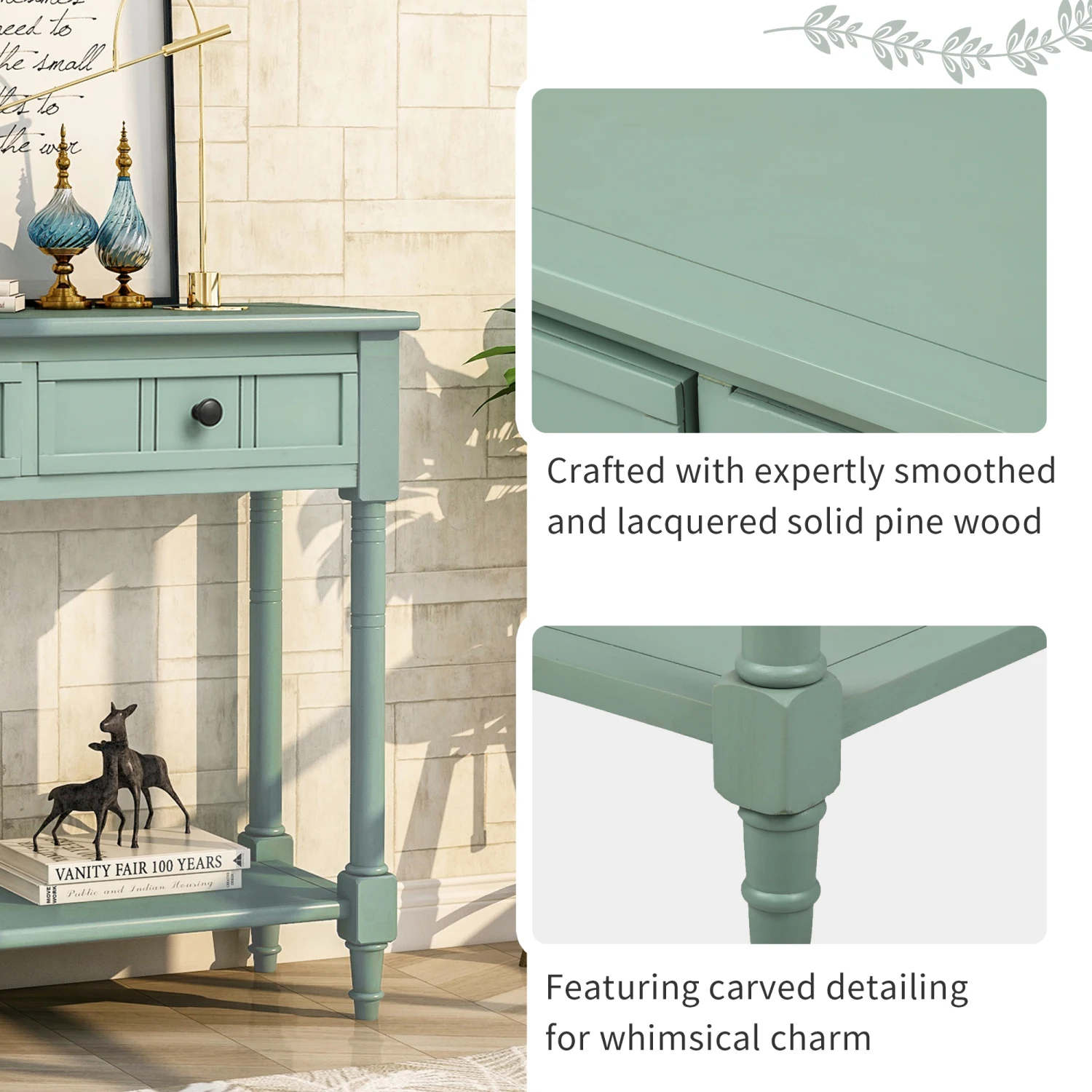 TREXM Daisy Series Console Table Traditional Design with Two Drawers and Bottom Shelf Acacia Mangium (Retro blue) 6