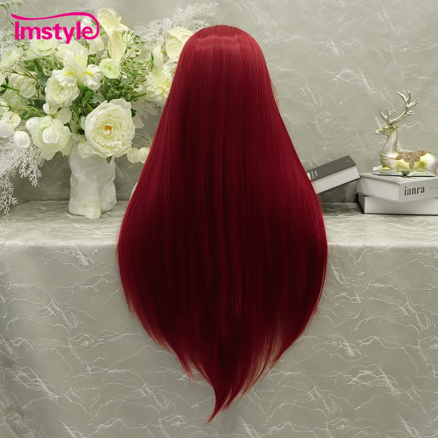 Красный парик на сетке Imstyle, парик на сетке спереди из синтетического кружева для женщин, длинный прямой парик без клея, парик из термостойкого волокна для косплея