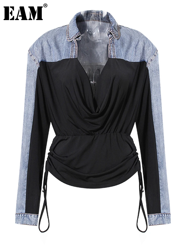 

[EAM] женская синяя джинсовая плиссированная блуза на завязках, новая свободная рубашка с v-образным вырезом и длинным рукавом, модная весенне-осенняя 2024 1DH3904