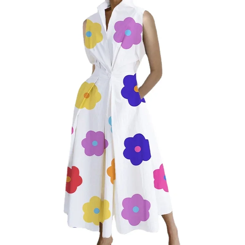

2023 Summer New Women Clothing V-neck Commuter Fashion Eleganct Printing Stand Up Collar Casual Button Big Swing Dress Female