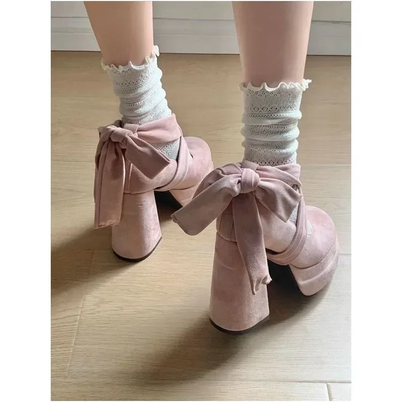 Platform Mary Janes Shoes Women Suede Luxury High Heel Lace Up Trend Lolita Shoes Elegant Chunky Party Pumps Zapatos De Mujer