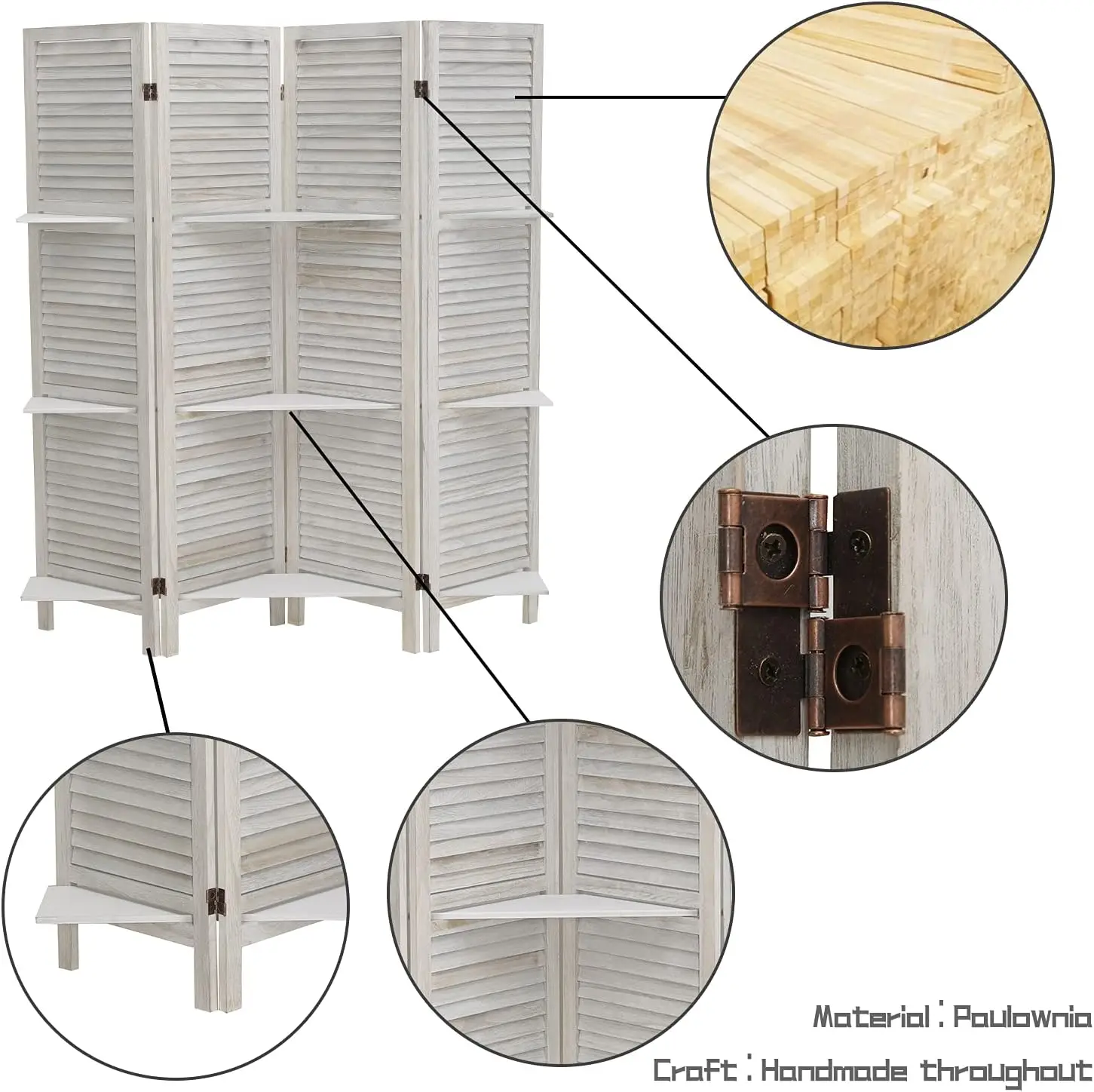 Room Divider 4 Panel, White with Shelves, Wall Dividers and Folding Privacy Screens, Portable Room partitions for Bedroom