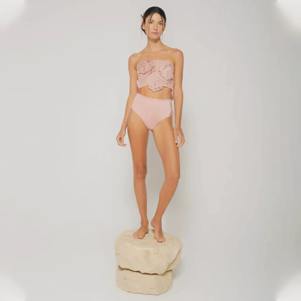 3D Flowers Rose Garden Bikini Set Sexy Strapless Bikini 2024 Summer Lace up Beach Swimsuit Women Simple Fashion Elegant Swimwear