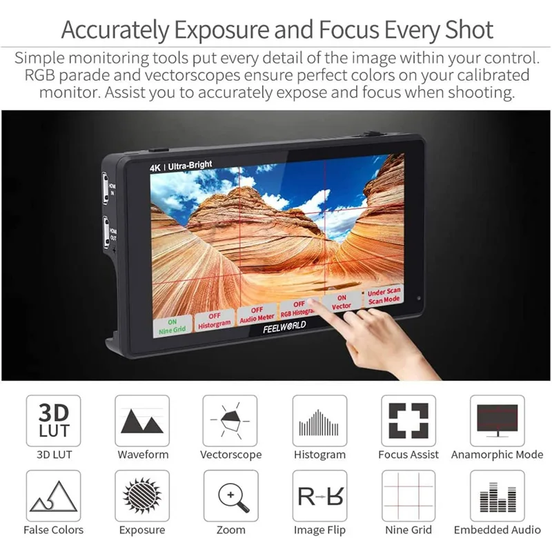 FEELWORLD LUT6 6-inch 2600nits HDR HDMI LUT 6 4K Touch Photography Field Monitor Waveform Vector Histogram Videos Peaking Focus