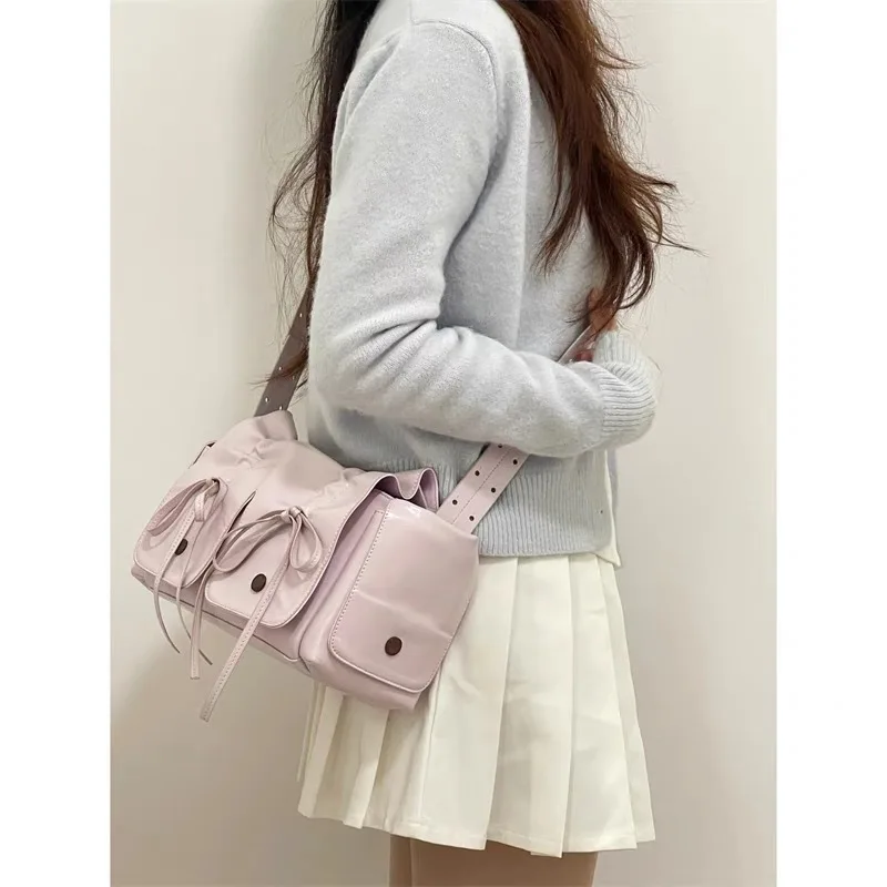 Fashion Ruched Drawstring Bow Women Handbags Retro Pu Leather Shoulder Crossbody Bag Y2K Multiple Pockets Motorcycle Bags 2024