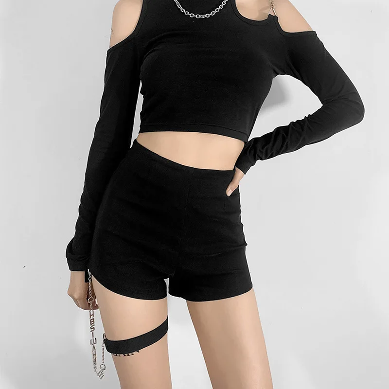 Pure Color Slim High Waist Ladies Fashion Bag Hip Shorts 2021 Summer New Personality Chain Ring Sexy Wild Slim Casual Shorts