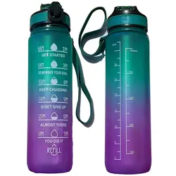 Gradient 1L Leakproof Water Bottle with Time Marker and Straw (Green-pink)
