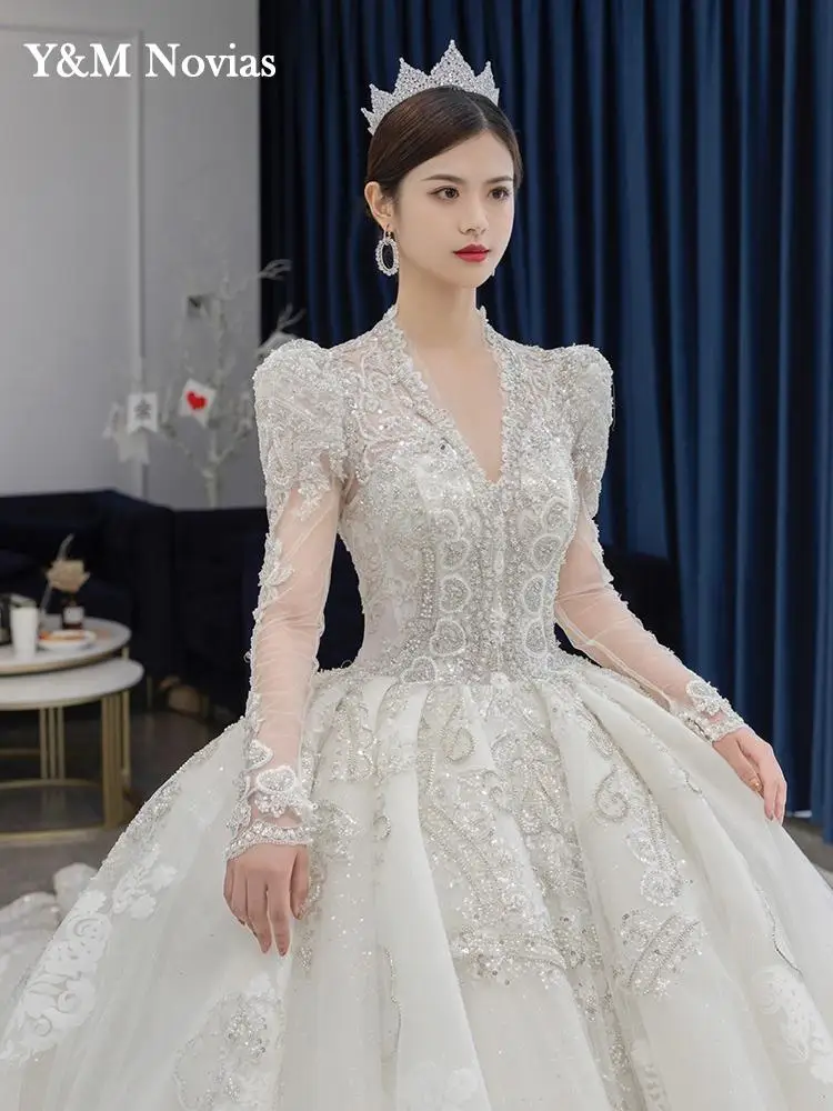 Customized Luxury Bedad Long Sleeve Winter Wedding Dress 2025 New V Neck Vestido De Noiva For Bride Gown Plus Size Floor Length 3