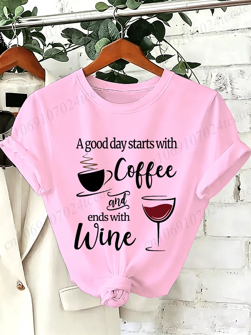 Women A Good Day Starts with Coffee and Wine Graphic T-shirt Casual Tee Streetwear Aesthetic Graphic Tops Girls Daily T-Shirts 3