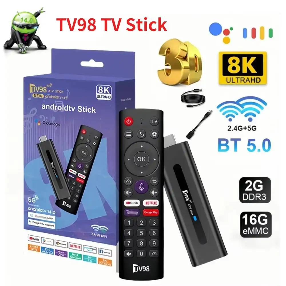 TV98 Mini TV Stick Android TV Stick HDR Set Top Box 8K Video WiFi 2.4 ...