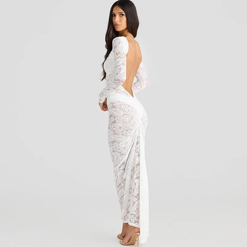 White Lace Backless Long Dress For Women See-Through High Waist Printed Slim Solid Hollow Out Dress Women's Party Dress