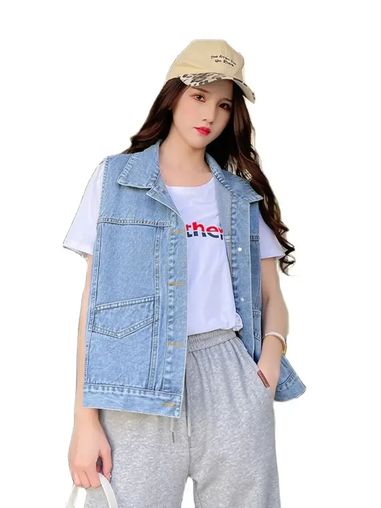 2023 New Cotton Denim Vest Korean Fashion Girls Design Spring Fall Fashion with Pockets Loose Design
