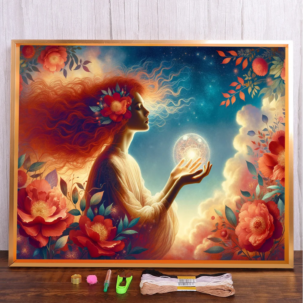 Scenery Flower Girl Printed Fabric Cross Stitch Embroidery Patterns Handmade Needlework Painting Sewing Sales Needle Home Decor
