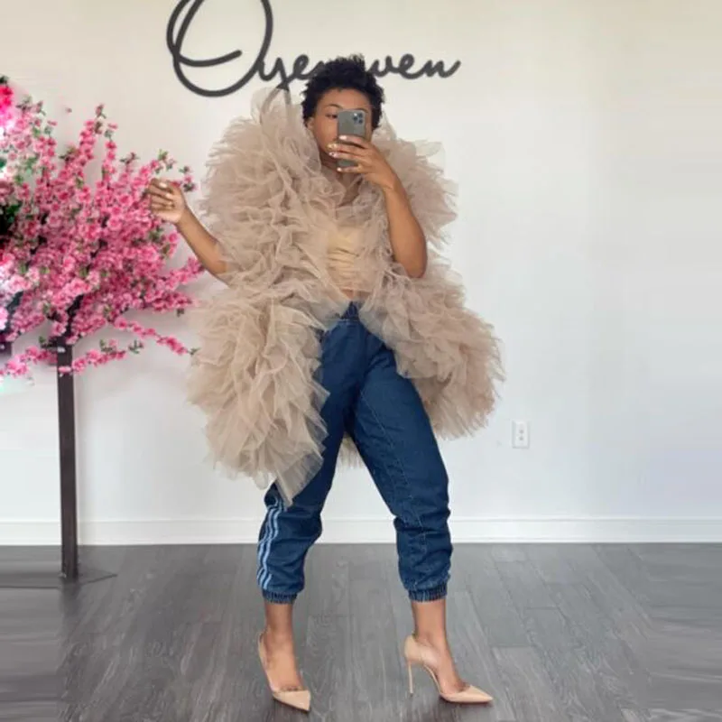 

Champagne Casual Women Tops Extra Puffy Tulle Ruffle Layered Black Girls Clothes For Photo Shoot Blouse Shirts Summer Women