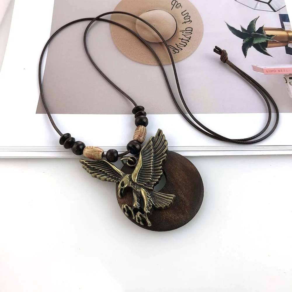 Vintage Wooden Pendant Necklace with Ethnic Chain and Clock Accent