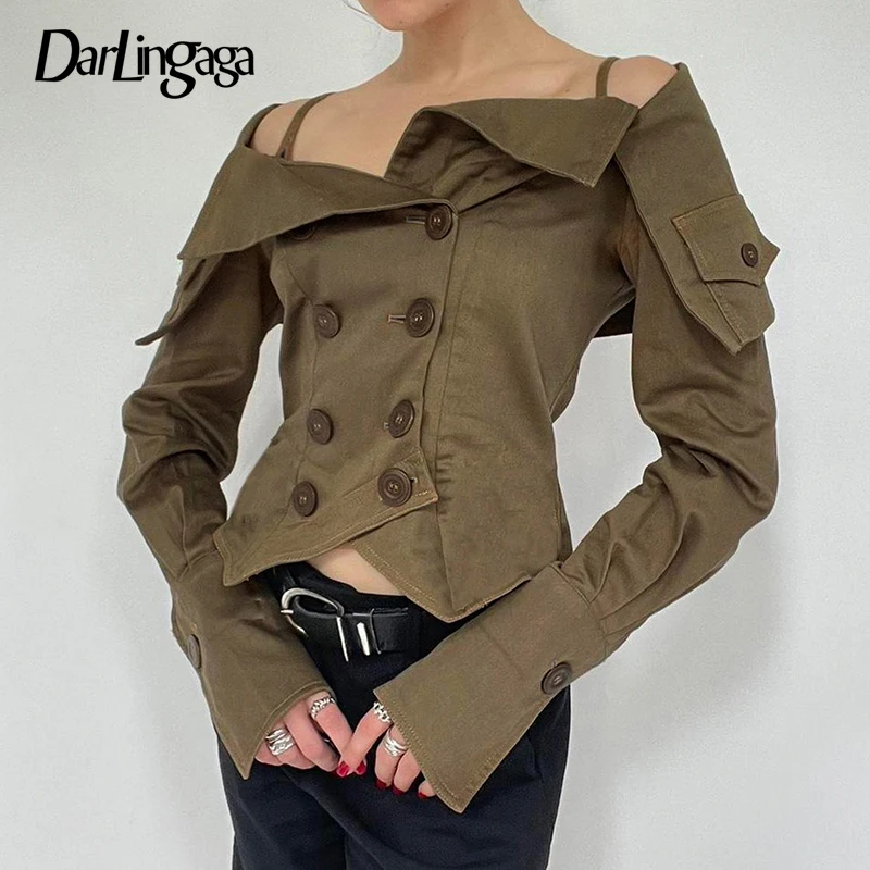 

Darlingaga Streetwear Cargo Style Women Blouses Spring Autumn Off Shoulder Tops Buttons Draped Cropped Shirt Cardigan Party 2024