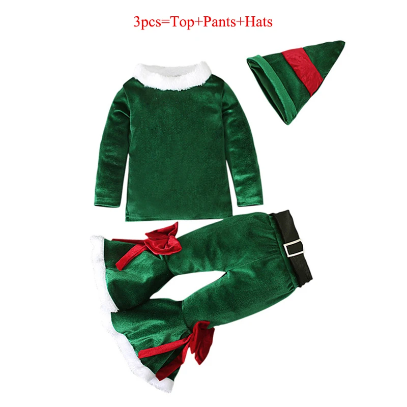 Girls Christmas Cosplay Long Sleeve Bell Bottom Velvet Suit Carnival Party Santa Claus Costume For 2-10 Years