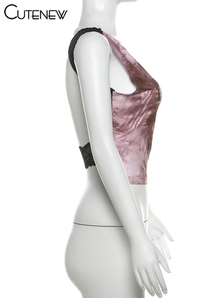 Lace Patchwork Women Vests Summer Sexy Tie Dye Print Backless O-neck Crop Skinny Tops Female Fashion Street Party Tanks