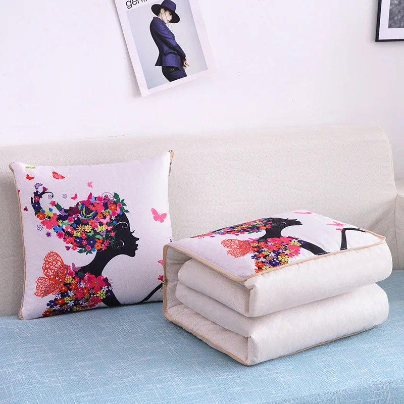 2 In 1 Pillow Travel Quilt Blanket Cartoon Thick Throw Pillow Portable Foldable Air Conditioner Cushion Blanket Car Sofa Office