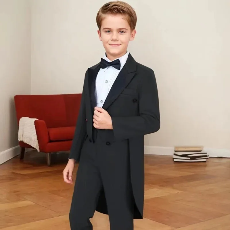 Solid 2 Pieces Boy Tailcoat Suits Children Peak Lapel Long Jacket Pants Sets Flower Boys Formal Party Suit Kids Wedding Tuxedo