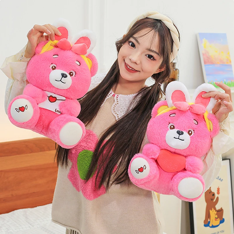Disney New Cartoon Strawberry Love Bear Plush Doll Rabbit Ear Bear Plush Doll Decorative Pillow Christmas Gift
