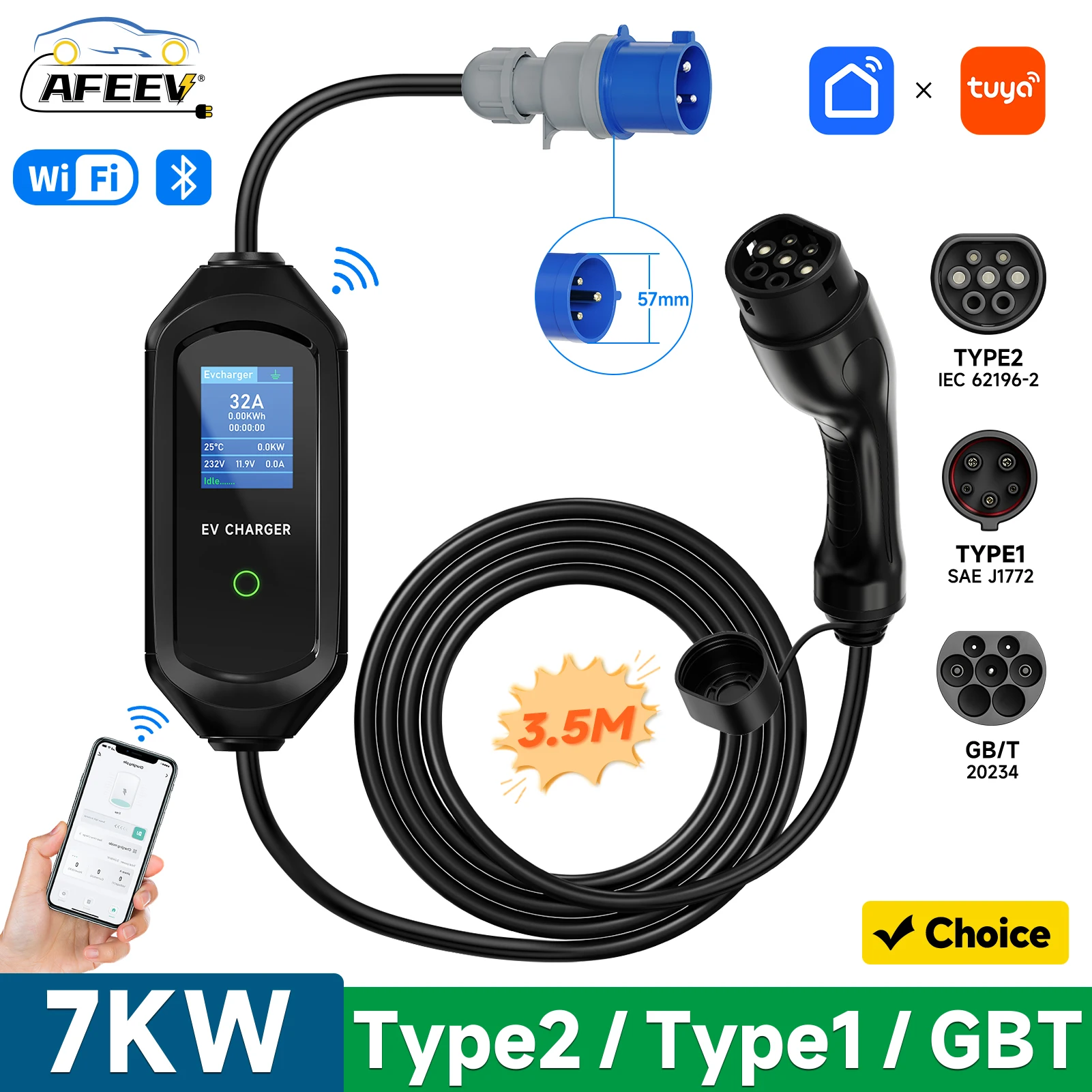 7KW Portable EV Charger Type2/Type1/GBT Electric Car Charger 32A 1Phase Fast Charging Cable WiFi APP Bluetooth Control