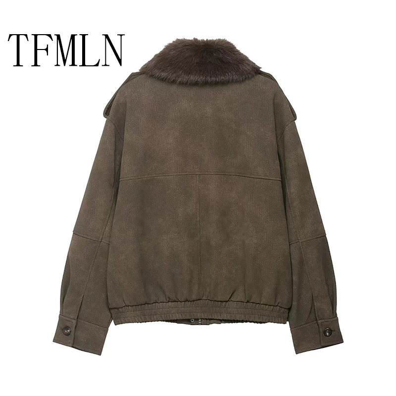 TFMLN Women Winter Suede Jacket New Fashion Thicken Long Sleeve Zipper Oversized  Coat Detachable Fur Collar Streetwear