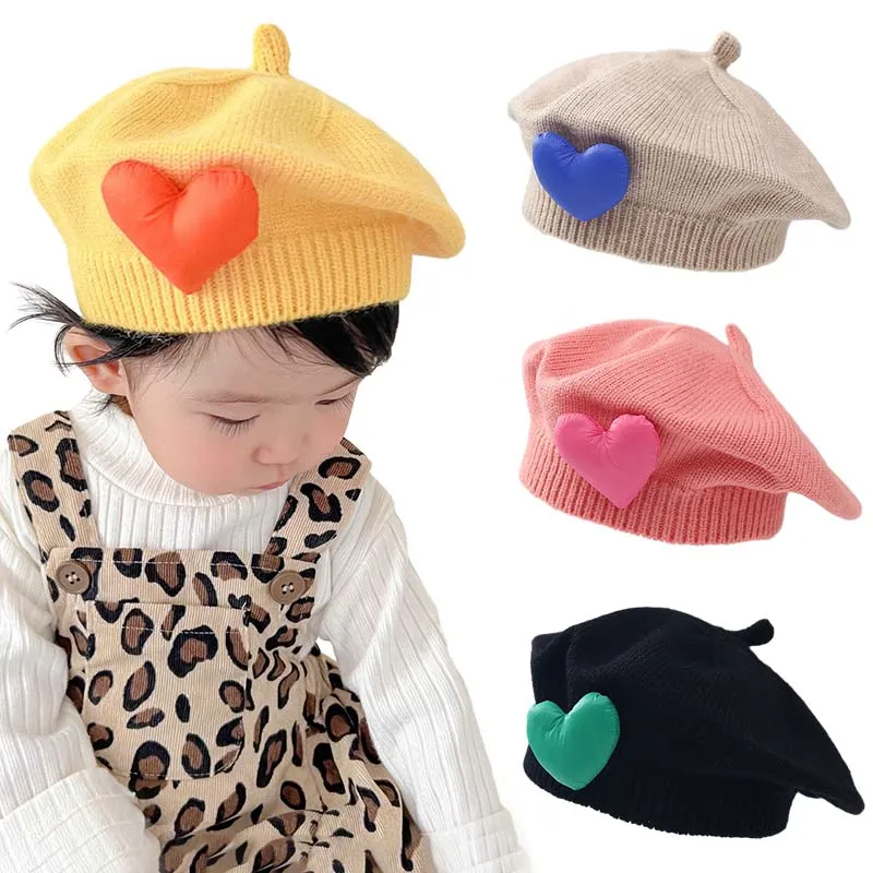 2024 Cute Heart Knitted Berets for Baby Girls Spring Autumn Kids Hat Korean Children Cap Photography Props Baby Accessories 0-4Y