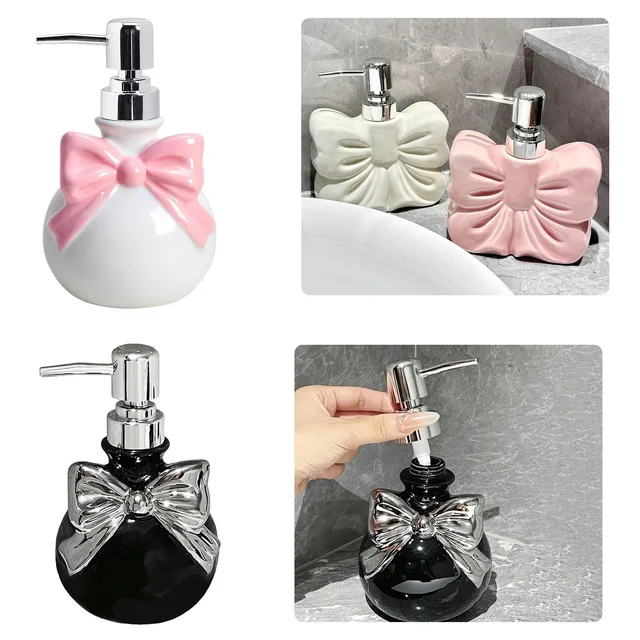ห้องน้ําตู้ทําสบู่รูปโบว์น่ารัก, เจลทําความสะอาดมืออาบน้ํา, ตู้ทําสบู่เซรามิกโลชั่น/ขวดปั๊มแชมพู 1