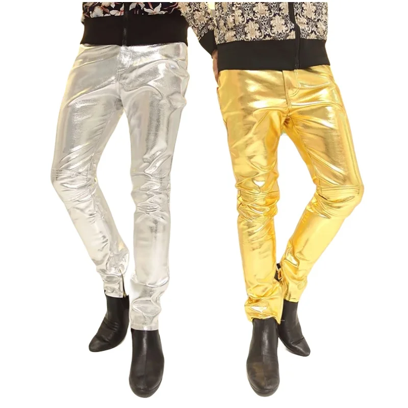 Gold Silver Black Leather Pants Male Costume Fashion Star PU Trousers Sexy Slim Dancer Singer Nightclub Casual Long