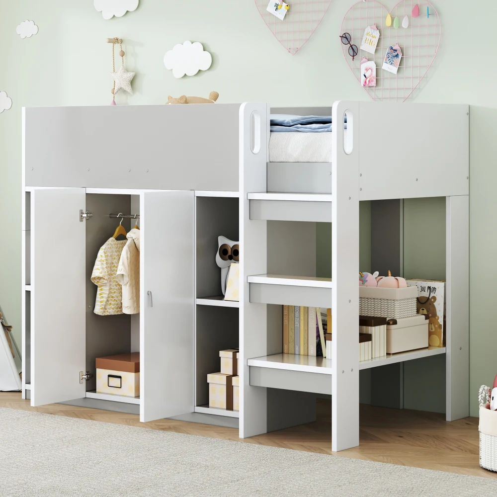 90*200cm Multifunktionales Hochbett mit Stauraum, Kleiderschrank und Regalen, Kinderbett mit Leiter und stabiler Konstruktion – Detail 23