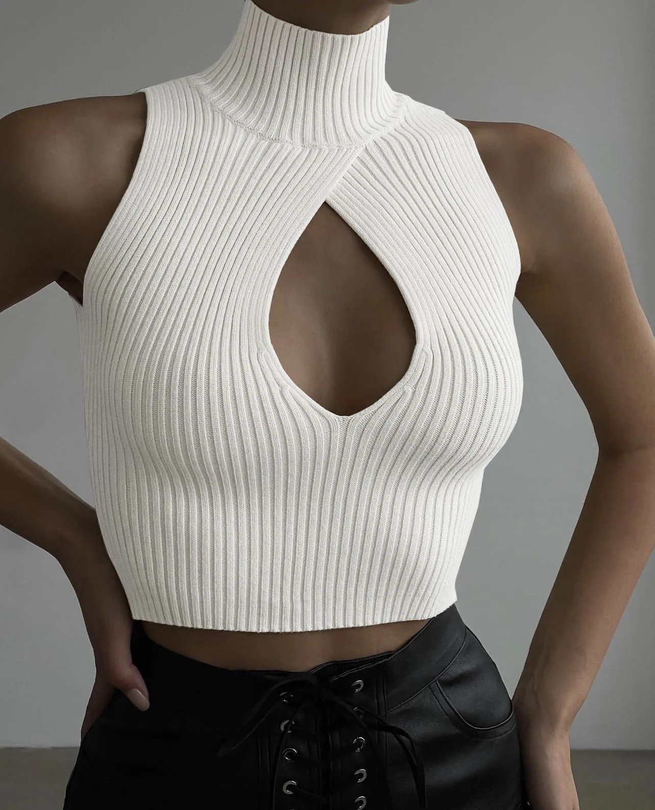 2025 Spring New Women's Turtleneck Ribbed Sleeveless Tops Casual Slim Bandage Sweater Vest Crop Tank Top Knitwear Summer