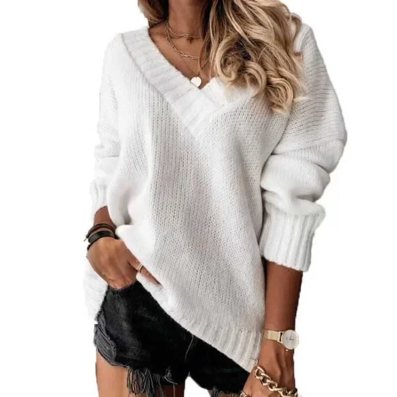 New 2025 Autumn and Winter Women's Fashion V-neck Women's Pullover Long-sleeved Sweater Elegant Casual Knitwear Solid Color Top