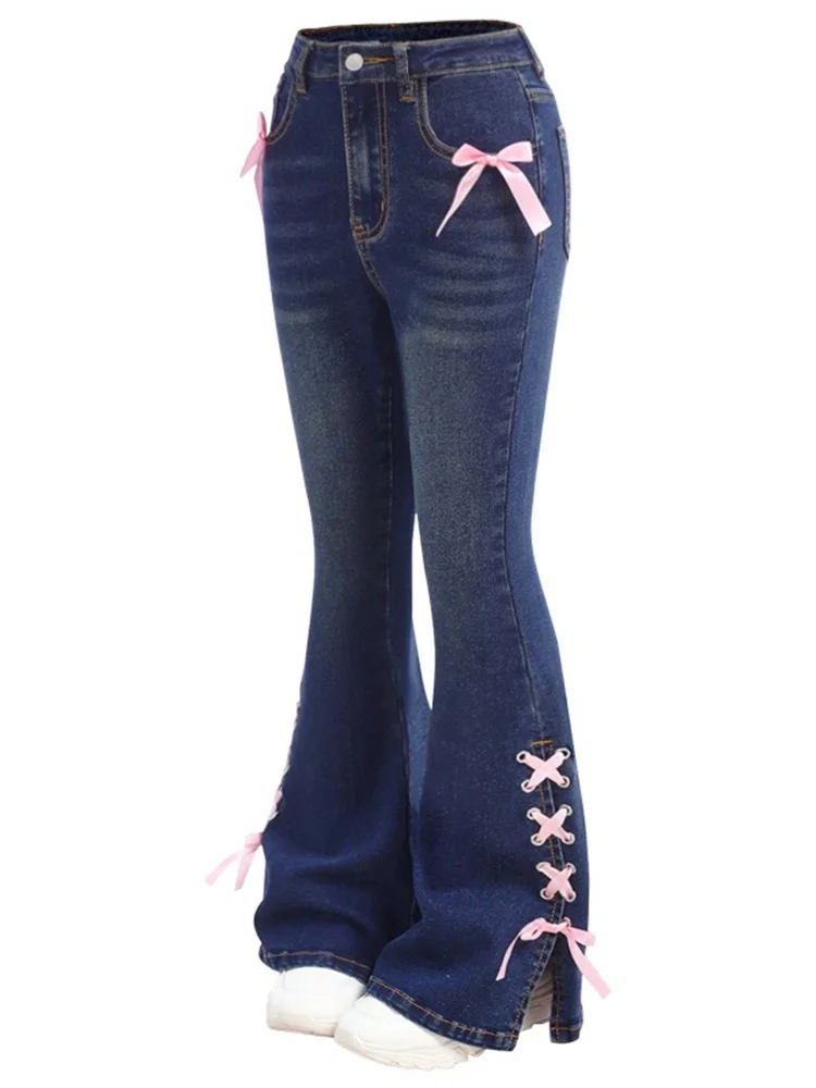 Wmstar Jeans Women High Waist Denim Bottom Boy Friend Flared Pants Bandage Korean Fashion  Streetwear Wholesale Dropshipping